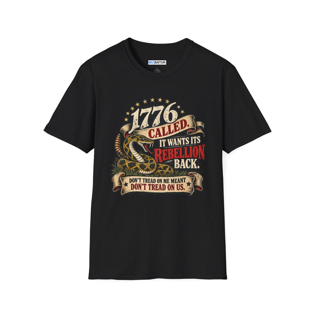 A black short-sleeve crewneck t-shirt with a detailed graphic print on the front. The graphic features a coiled rattlesnake, stars, and banners with the text '1776 CALLED IT WANTS ITS REBELLION BACK DONT TREAD ON ME MEANT DONT TREAD ON US ' against a white background