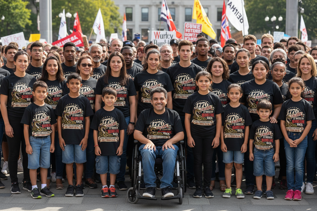 A large group of people, including children and a man in a wheelchair, wearing matching black graphic T-shirts with a protest-style print, standing outdoors in front of a building and protest flags.