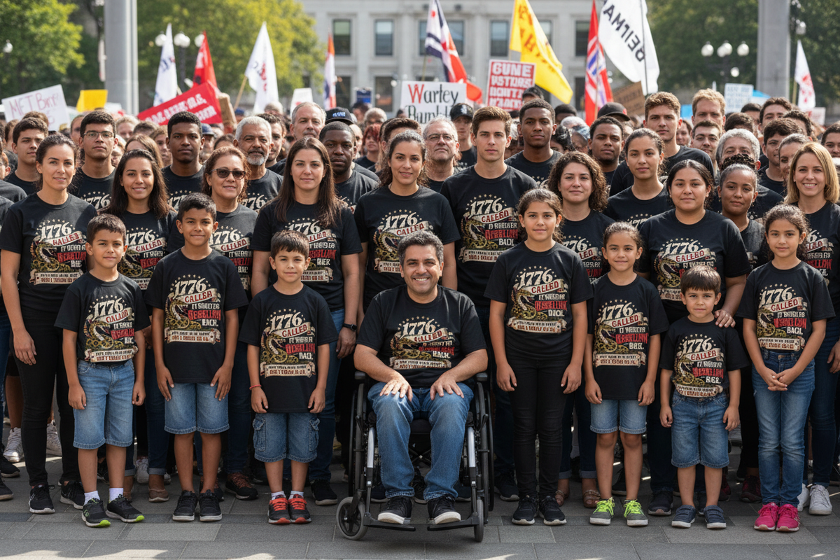 A large group of people, including children and a man in a wheelchair, wearing matching black graphic T-shirts with a protest-style print, standing outdoors in front of a building and protest flags.