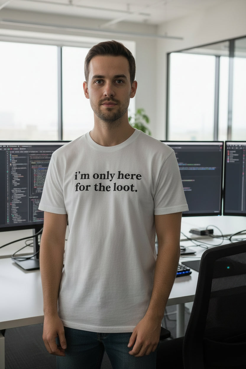 i'm only here for the loot T-Shirt | minimal text tee - Mutantur Labs LLC