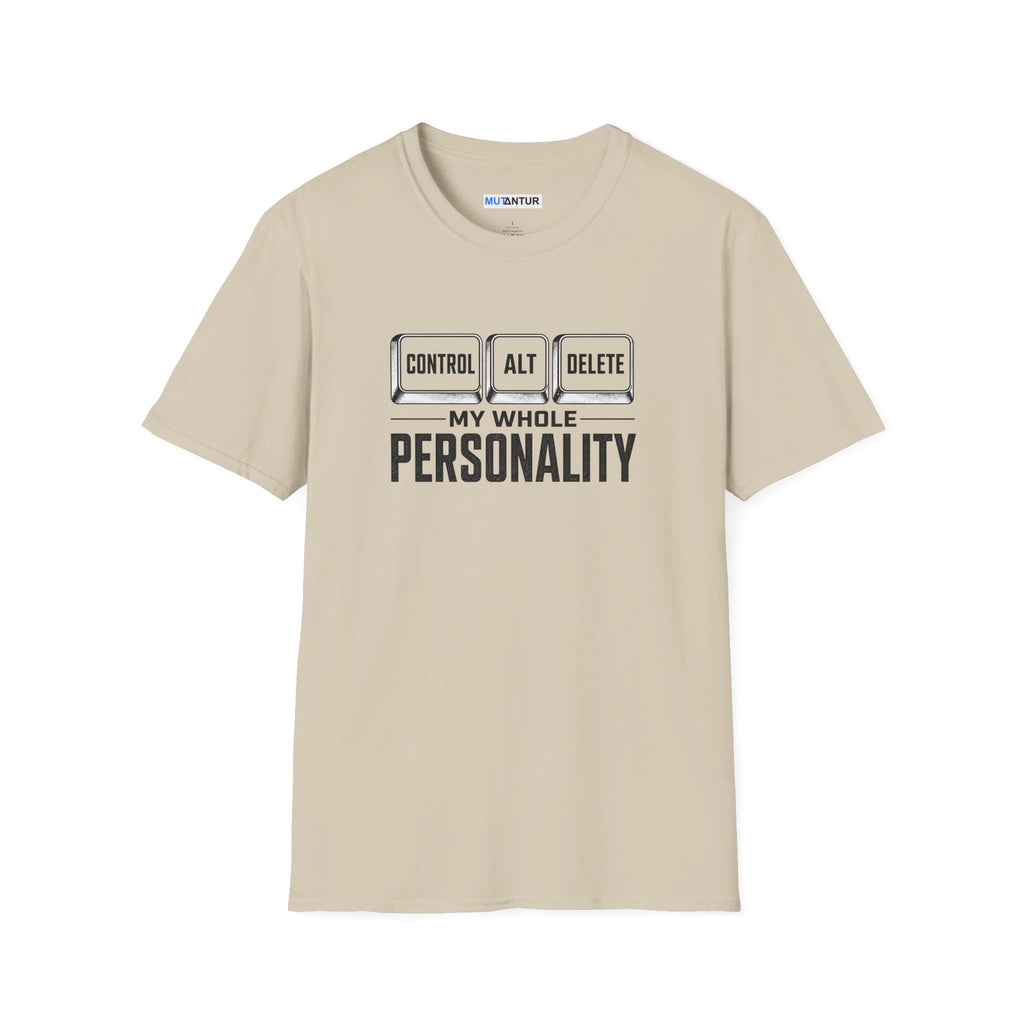 A beige crewneck t-shirt with a black graphic print on the chest that reads 'CONTROL ALT DELETE' above 'MY WHOLE PERSONALITY' with a heartbeat line motif, shown on a plain white background.