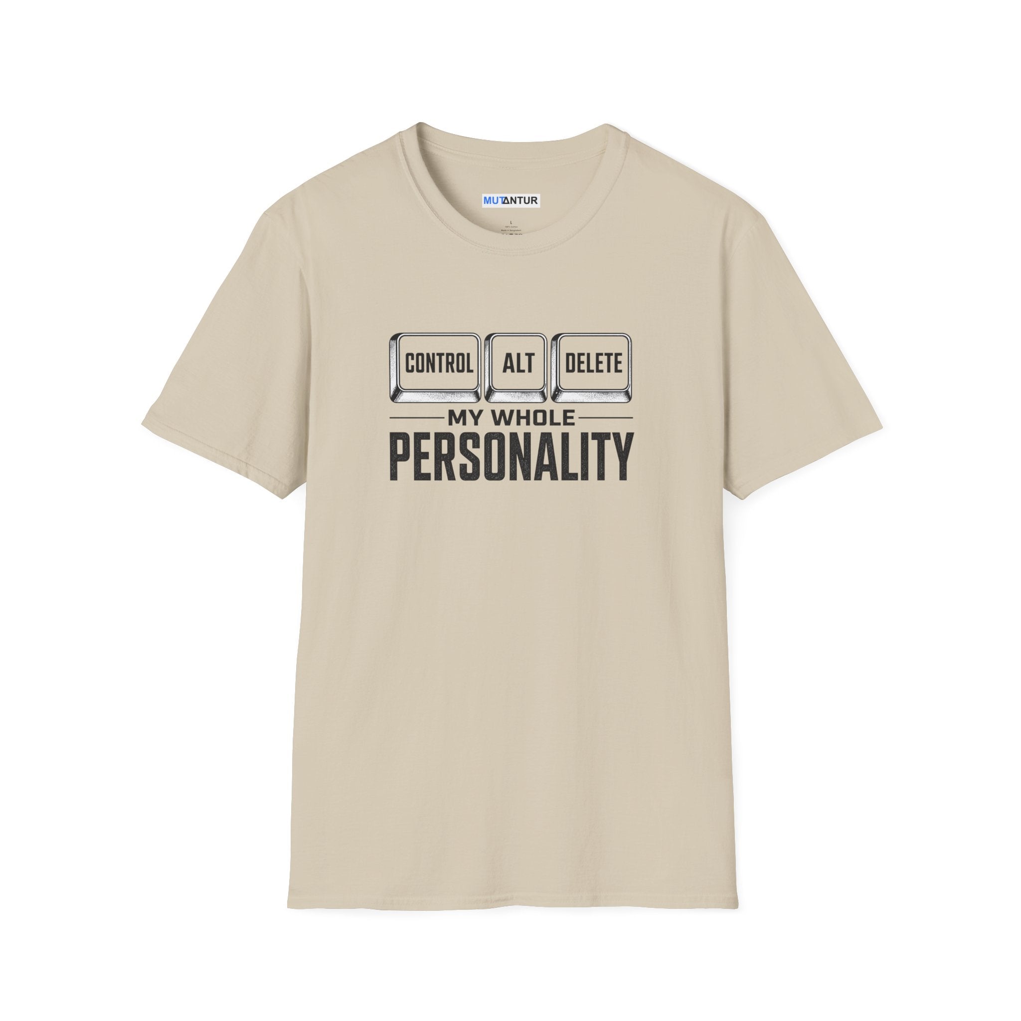 A beige crewneck t-shirt with a black graphic print on the chest that reads 'CONTROL ALT DELETE' above 'MY WHOLE PERSONALITY' with a heartbeat line motif, shown on a plain white background.