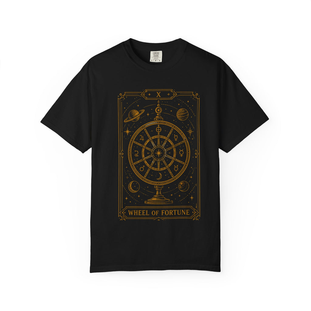 A black short-sleeve crewneck t-shirt featuring a detailed gold 'Wheel of Fortune' tarot card graphic printed on the chest, displayed against a solid white background.