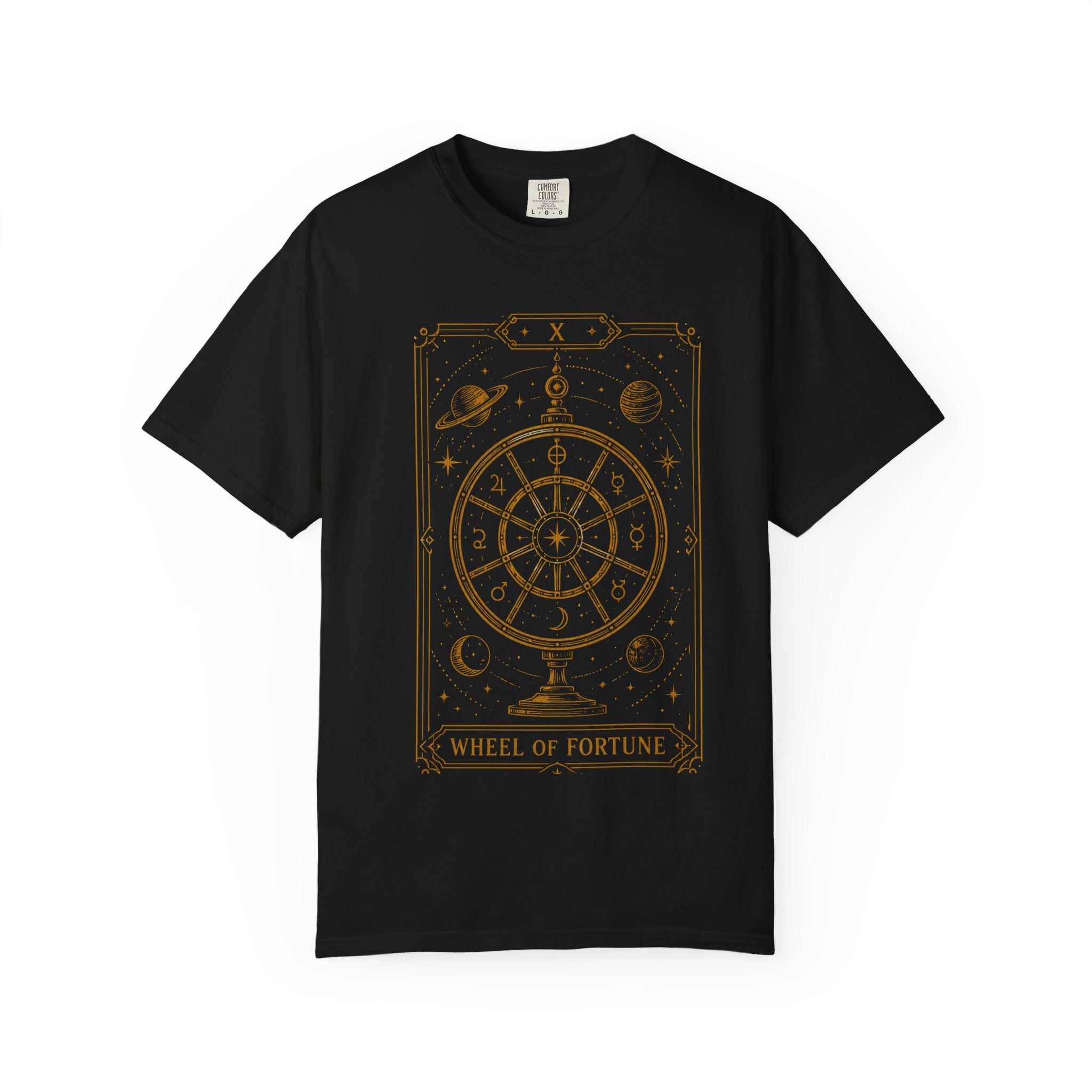 A black short-sleeve crewneck t-shirt featuring a detailed gold 'Wheel of Fortune' tarot card graphic printed on the chest, displayed against a solid white background.