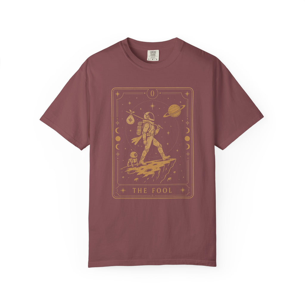 Brick  t-shirt with a graphic design of an astronaut and text 'The Fool' on a white background