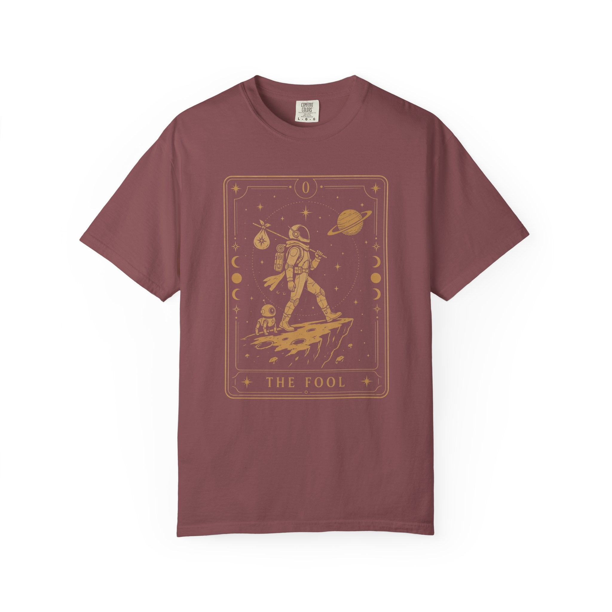 Brick  t-shirt with a graphic design of an astronaut and text 'The Fool' on a white background