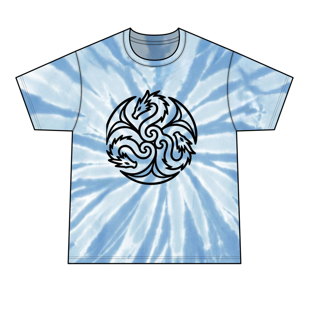 A short-sleeve crewneck t-shirt featuring a light blue and white tie-dye spiral pattern with a black circular dragon graphic printed on the chest, shown against a plain white background.