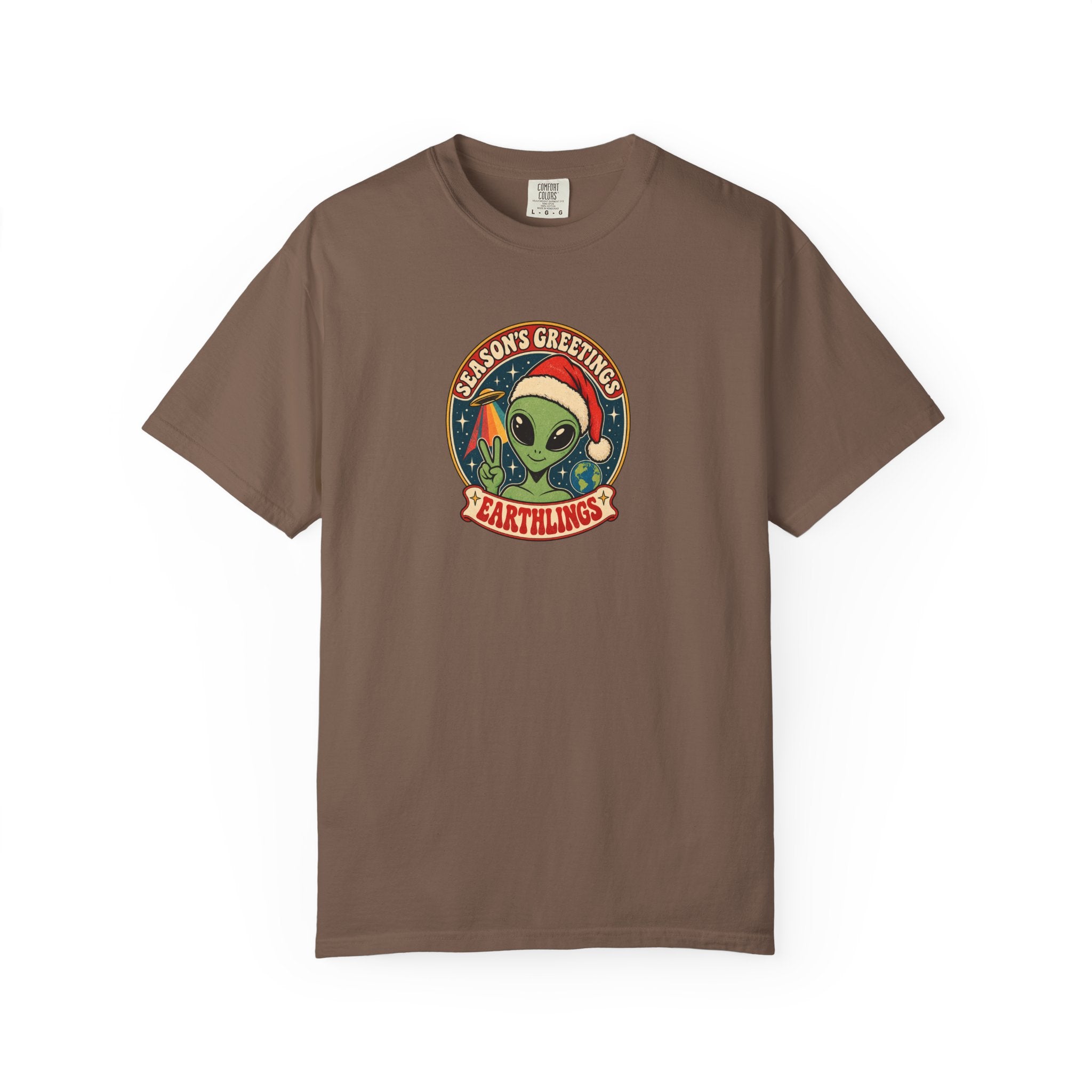 Alien Holiday T‑Shirt — "Season's Greetings Earthlings" Retro Graphic Comfort Colors Tee
