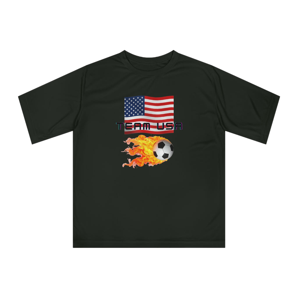 Team USA Flaming Soccer Ball T-Shirt — American Flag Soccer Tee with SPF protection - Mutantur Labs LLC