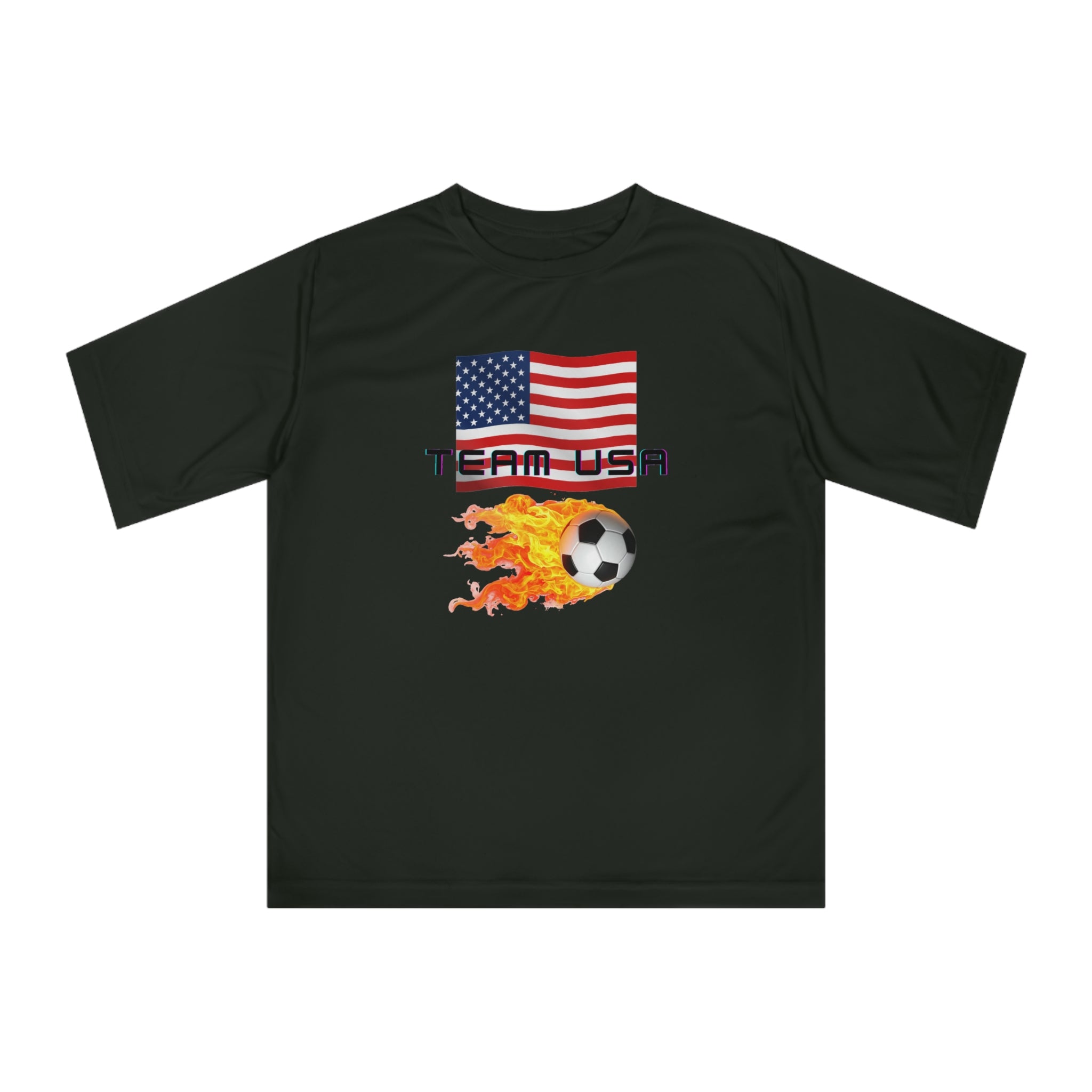 Team USA Flaming Soccer Ball T-Shirt — American Flag Soccer Tee with SPF protection - Mutantur Labs LLC
