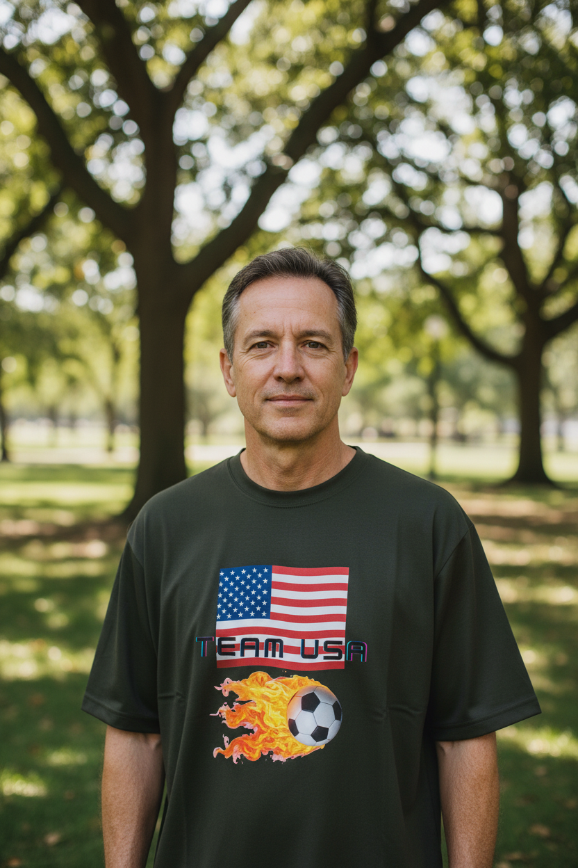 Team USA Flaming Soccer Ball T-Shirt — American Flag Soccer Tee with SPF protection - Mutantur Labs LLC
