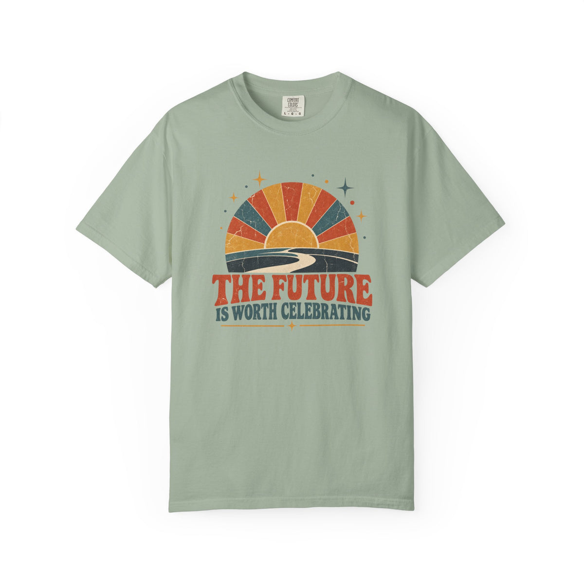 A sage green short-sleeve t-shirt with a retro sunset graphic and the text 'THE FUTURE IS WORTH CELEBRATING' printed on the chest, displayed against a plain white background.