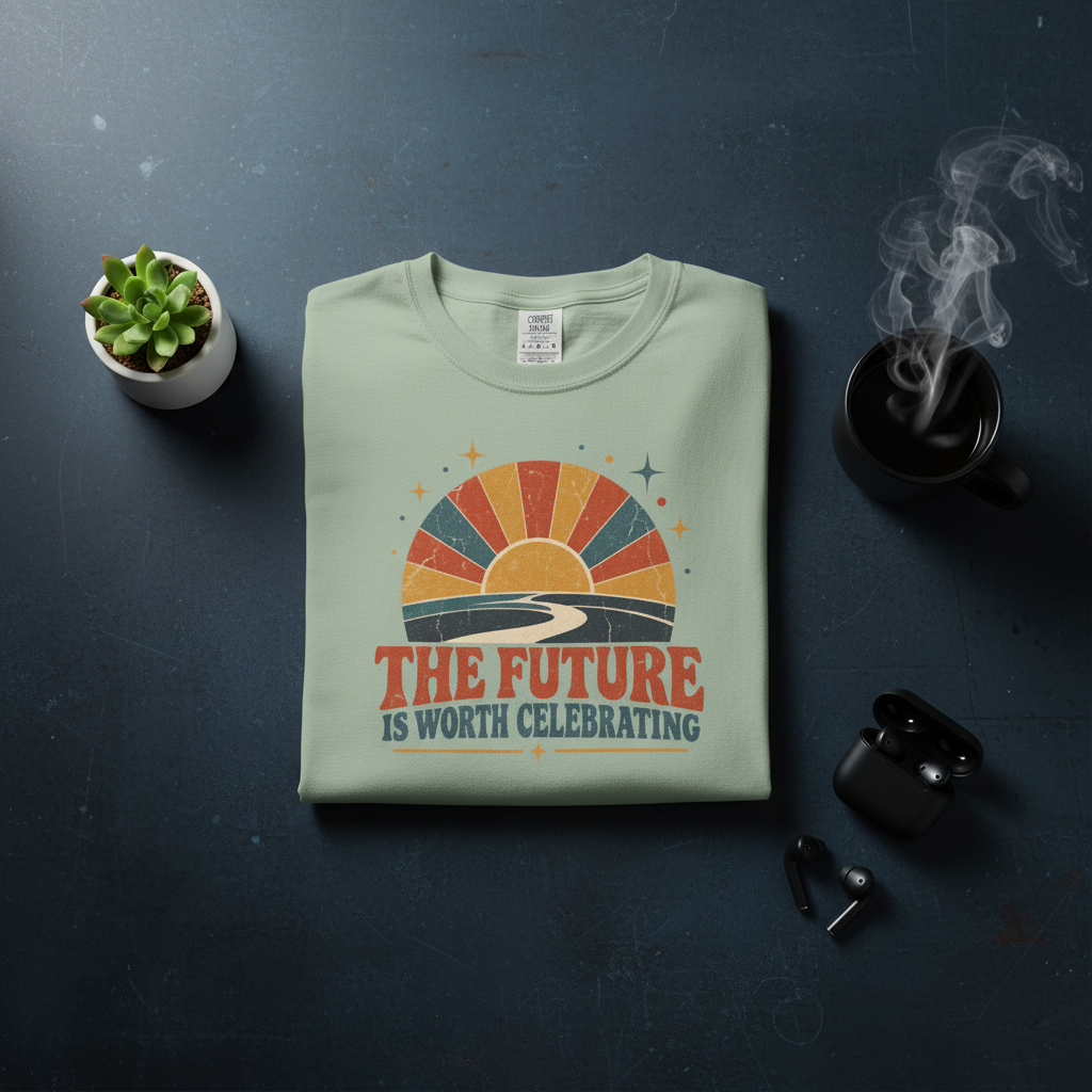 A folded sage green t-shirt with a retro sunset graphic and the text 'THE FUTURE IS WORTH CELEBRATING' is displayed in a styled flat-lay on a dark textured surface, surrounded by a small potted succulent, a steaming black coffee mug, and black wireless earbuds.