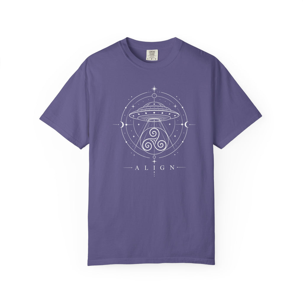 Purple t-shirt with a white line design of a flying saucer with an Irisk triskele below and the words ' ALIGN' against a white background