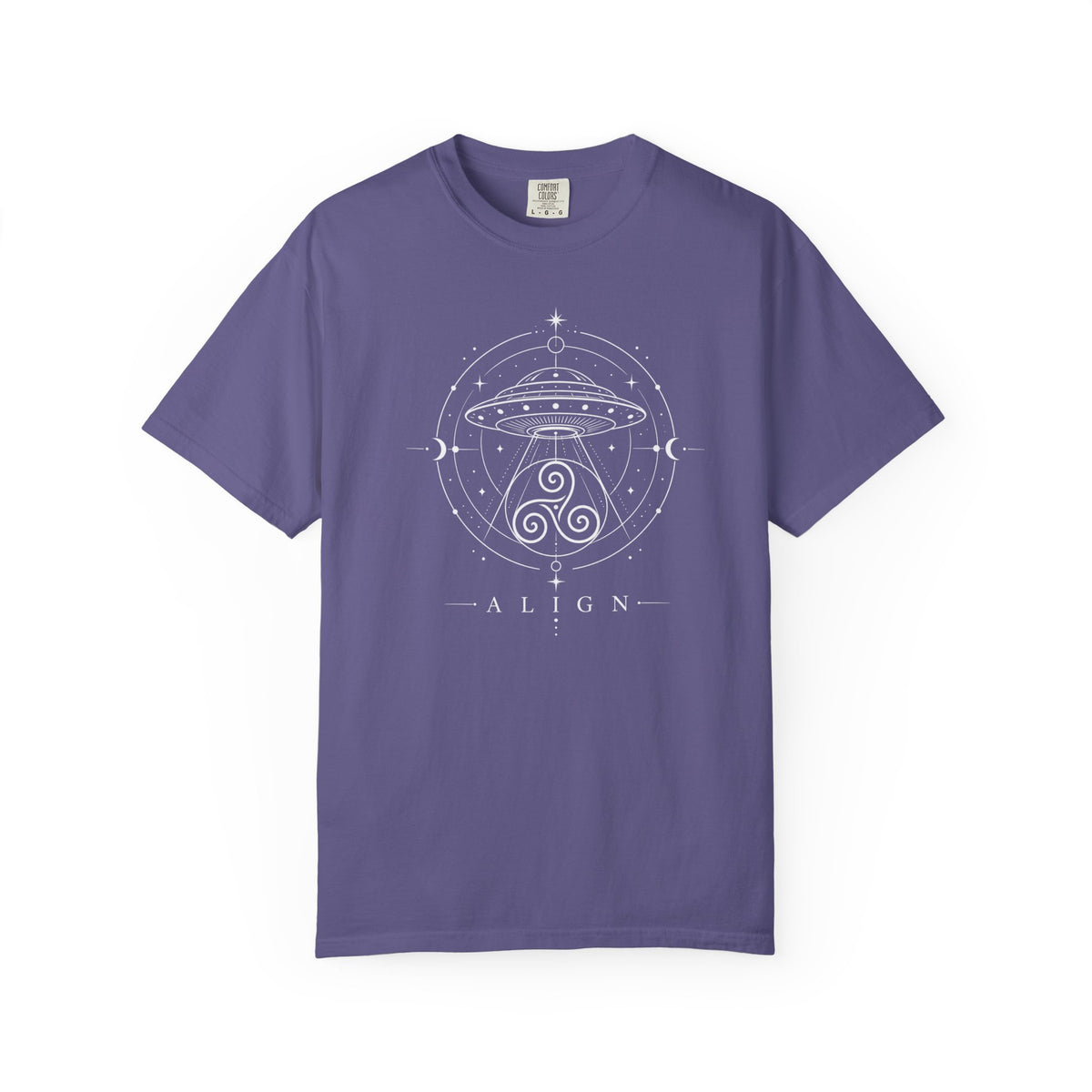 Purple t-shirt with a white line design of a flying saucer with an Irisk triskele below and the words ' ALIGN' against a white background