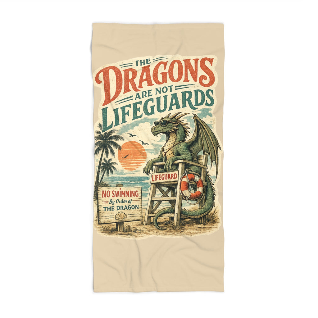 Towel with dragon design and text on a beige background