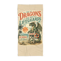 Towel with dragon design and text on a beige background