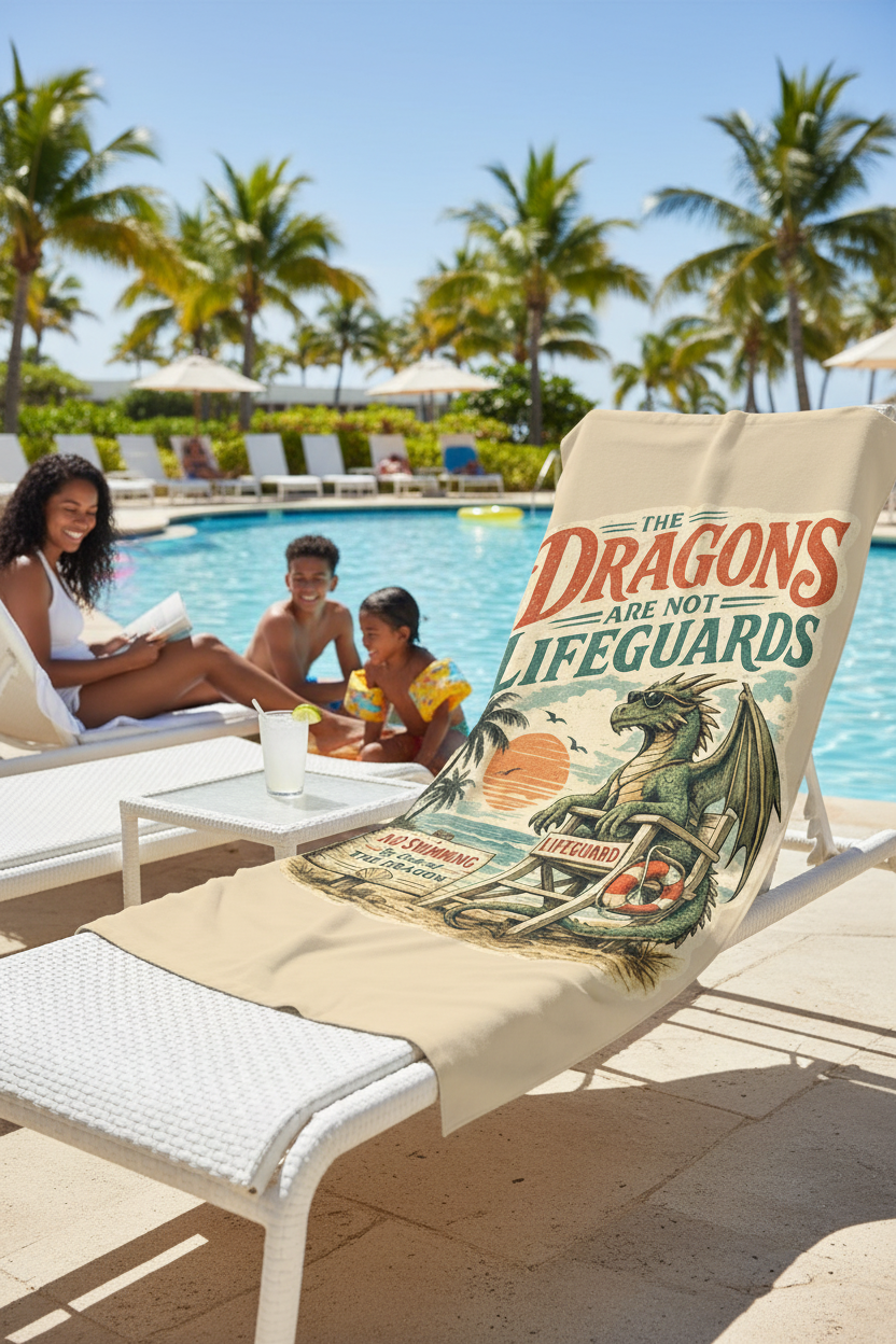 Beach Towel — "The Dragons Are Not Lifeguards" Vintage Summerween Dragon Design