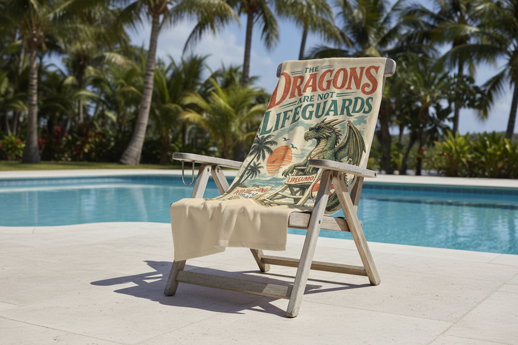 Beach Towel — "The Dragons Are Not Lifeguards" Vintage Summerween Dragon Design