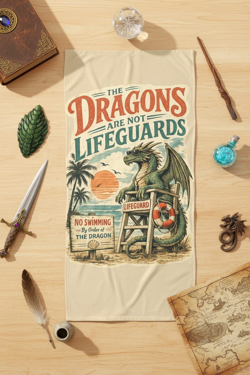 Dragons Are Not Lifeguards vintage Summerween beach towel, alternate angle