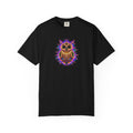 A black short-sleeve crewneck t-shirt featuring a colorful, psychedelic owl graphic printed on the center chest, displayed against a solid white background.