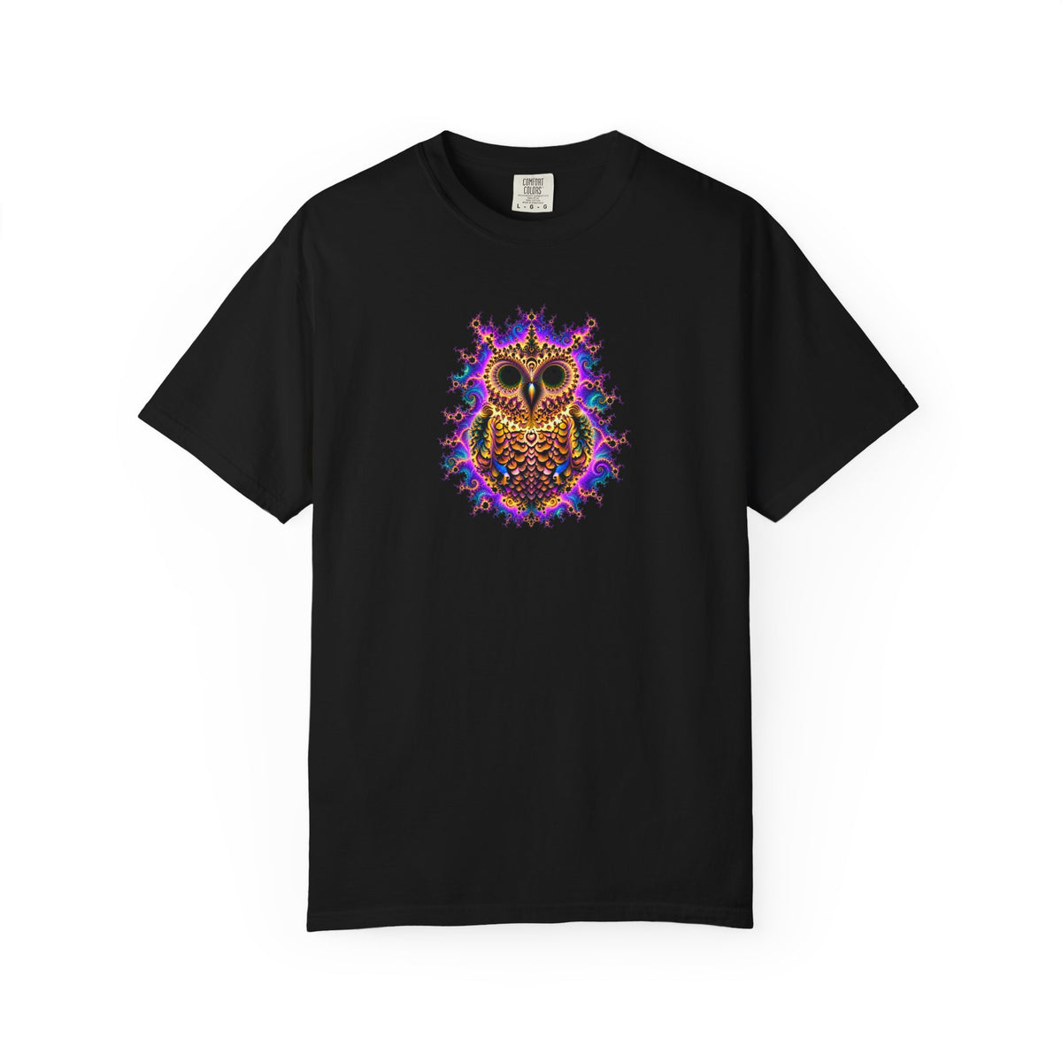A black short-sleeve crewneck t-shirt featuring a colorful, psychedelic owl graphic printed on the center chest, displayed against a solid white background.