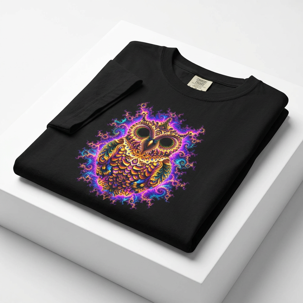 A folded black crewneck t-shirt displayed on a white geometric platform. The shirt features a vibrant, detailed graphic of an owl with a colorful, psychedelic, fractal-like pattern in shades of purple, blue, yellow, and orange.