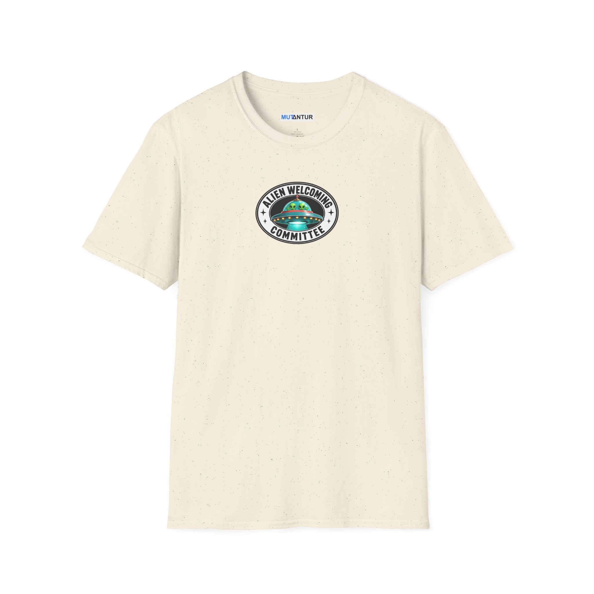 Natural shirt with Colorful Welcome Aliens T-shirt design with a retro Las Vegas roadside sign, friendly UFO, and We’ve Been Expecting You message