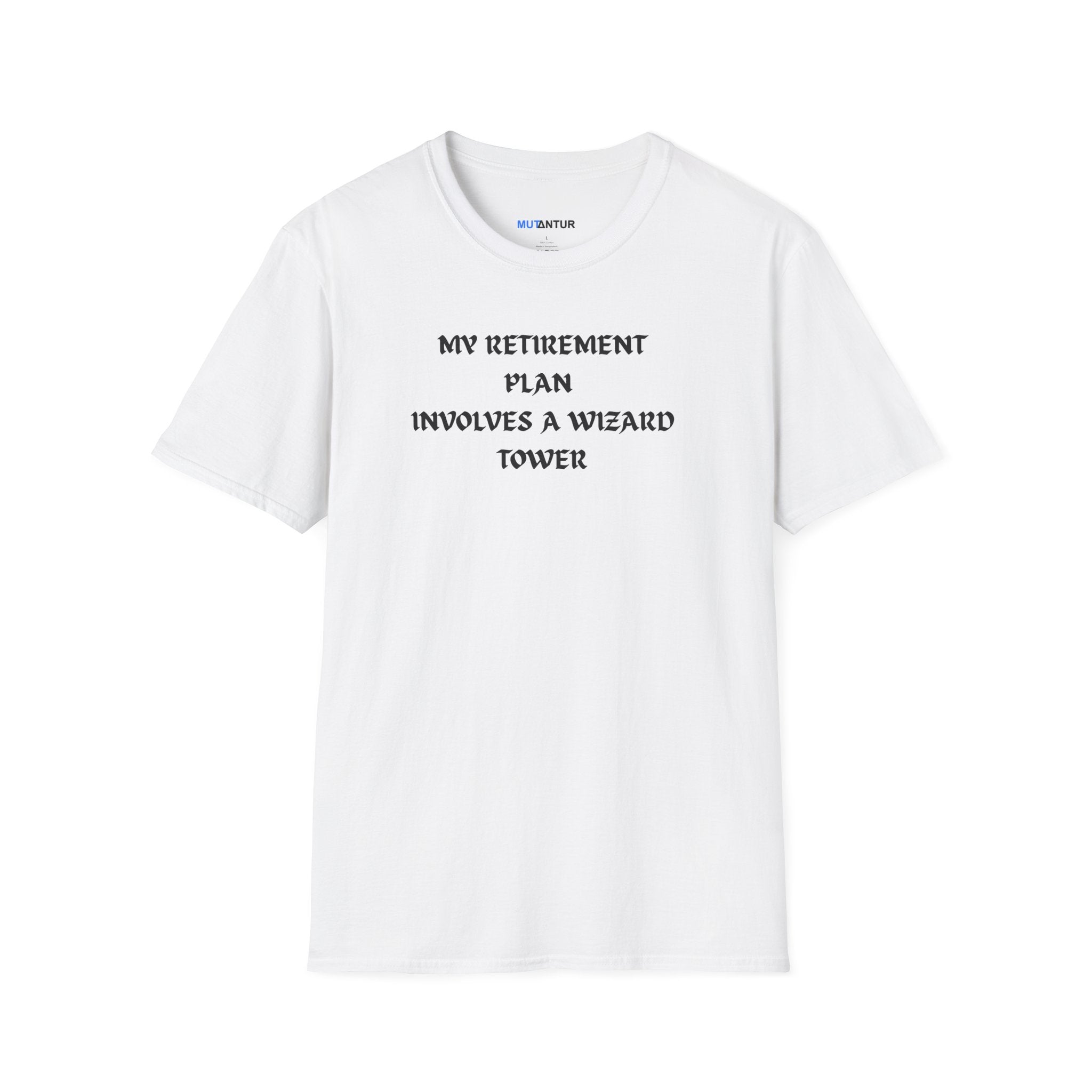 A white short-sleeve crewneck t-shirt with the text 'MY RETIREMENT PLAN INVOLVES A WIZARD TOWER' printed in black capital letters on the chest, displayed on a clean white background.