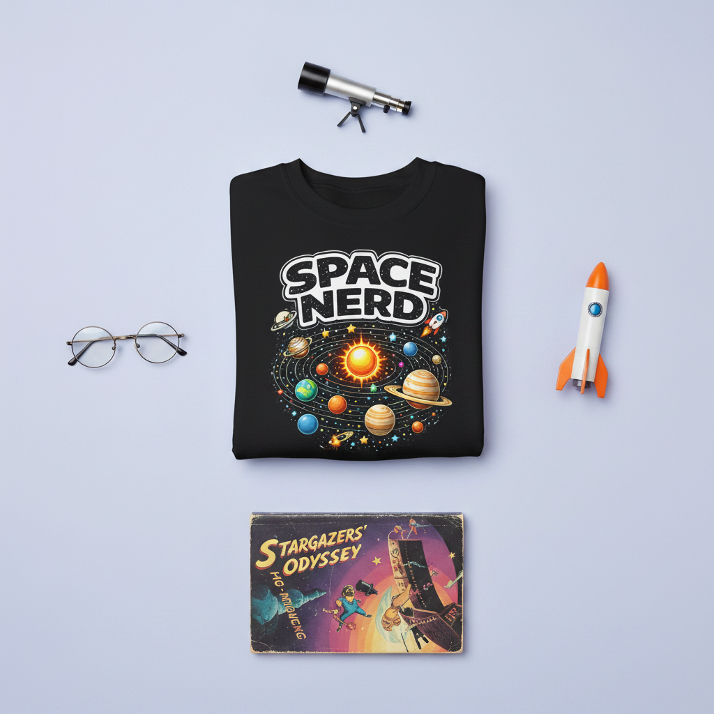 Space Nerd retro solar system crewneck sweatshirt, close-up of design