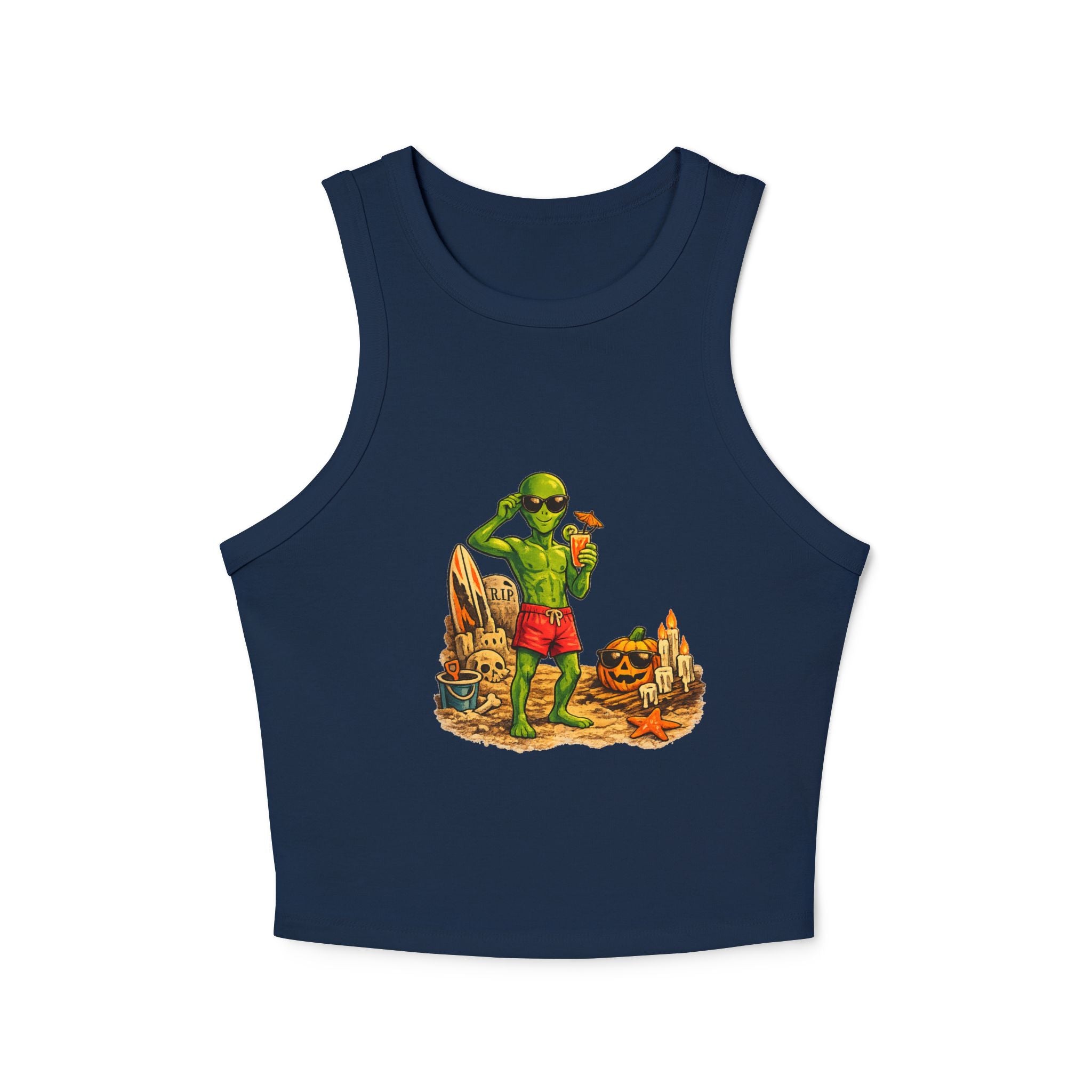 Alien on Vacation Crop Tank Top — Retro Summerween Beach Graphic