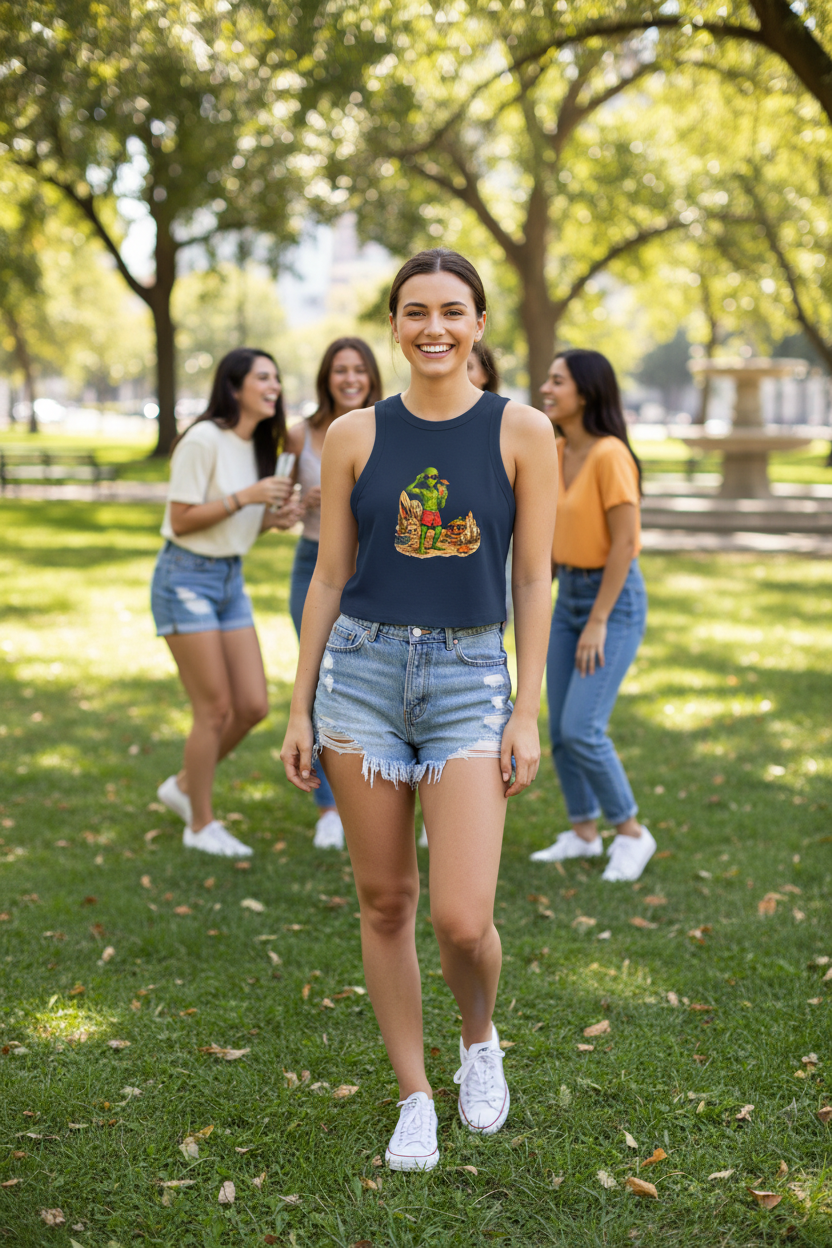 Alien on Vacation Crop Tank Top — Retro Summerween Beach Graphic