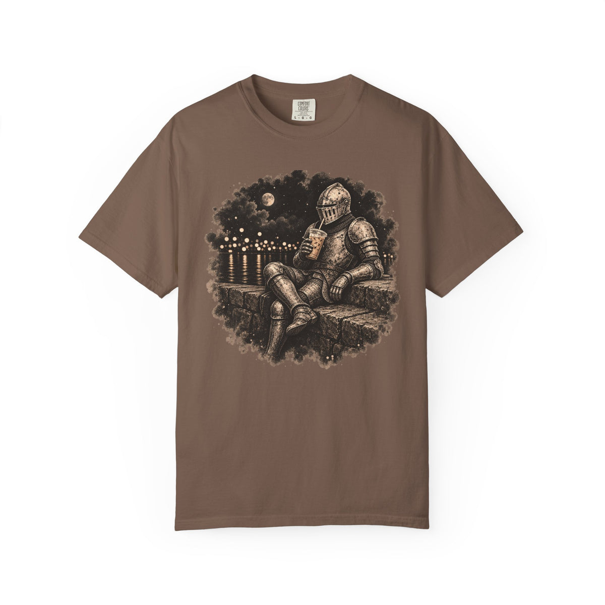A brown short-sleeve crewneck t-shirt featuring a vintage-style graphic print of a knight in armor sitting on a stone wall and drinking from a mug under a full moon.