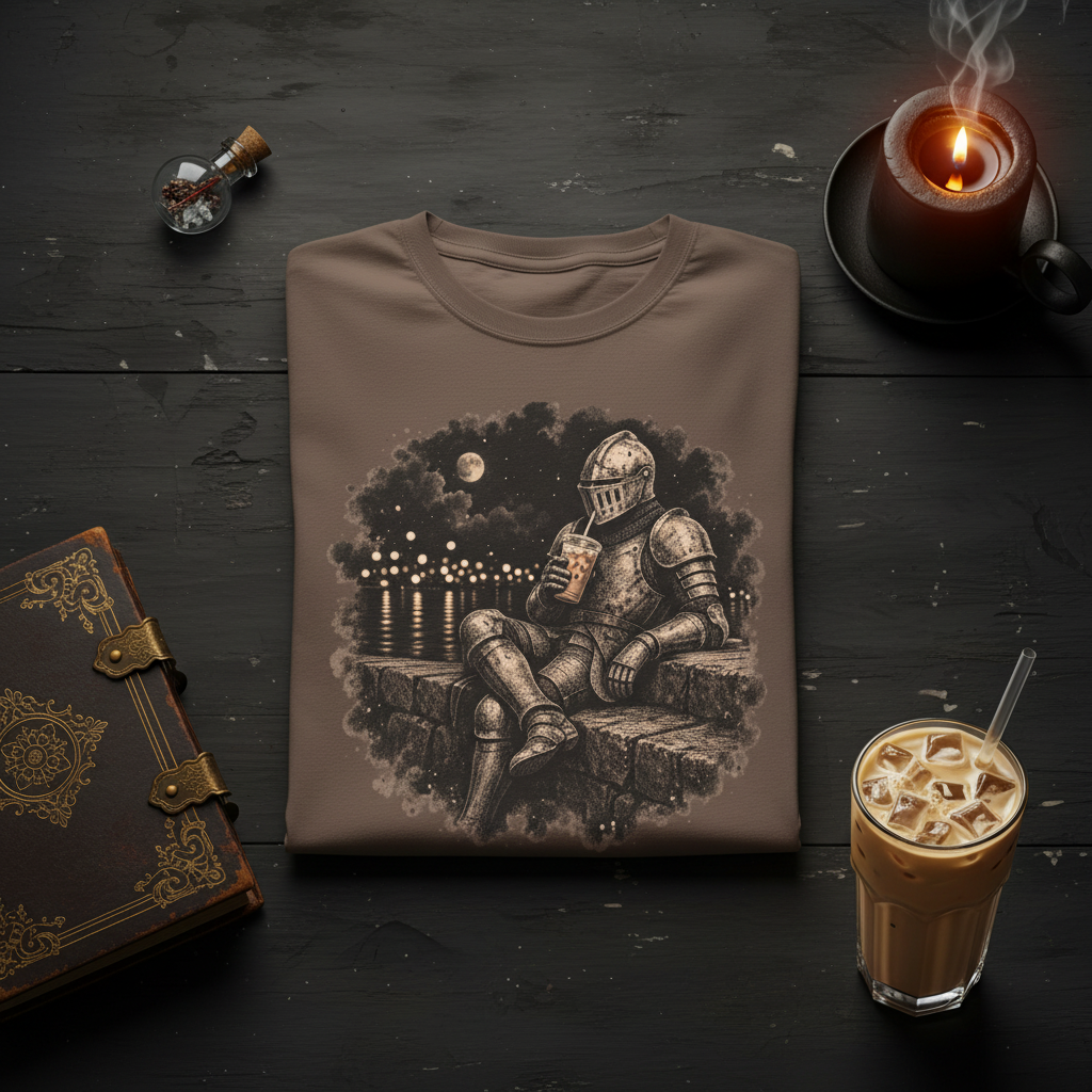 A brown short-sleeve crewneck t-shirt featuring a vintage-style graphic print of a knight in armor sitting on a stone wall and drinking from a mug under a full moon.