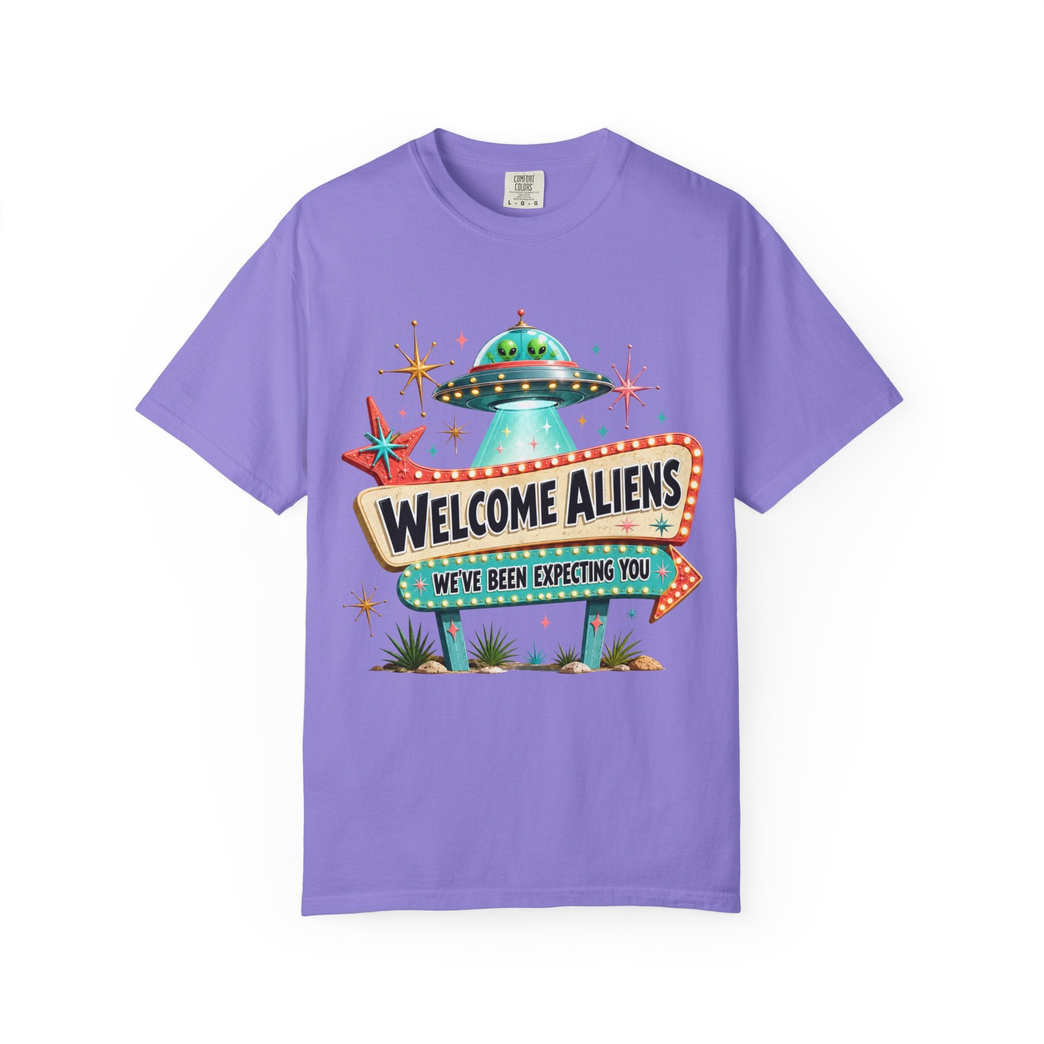 Welcome Aliens retro UFO Las Vegas sign Comfort Colors graphic tee, front view
