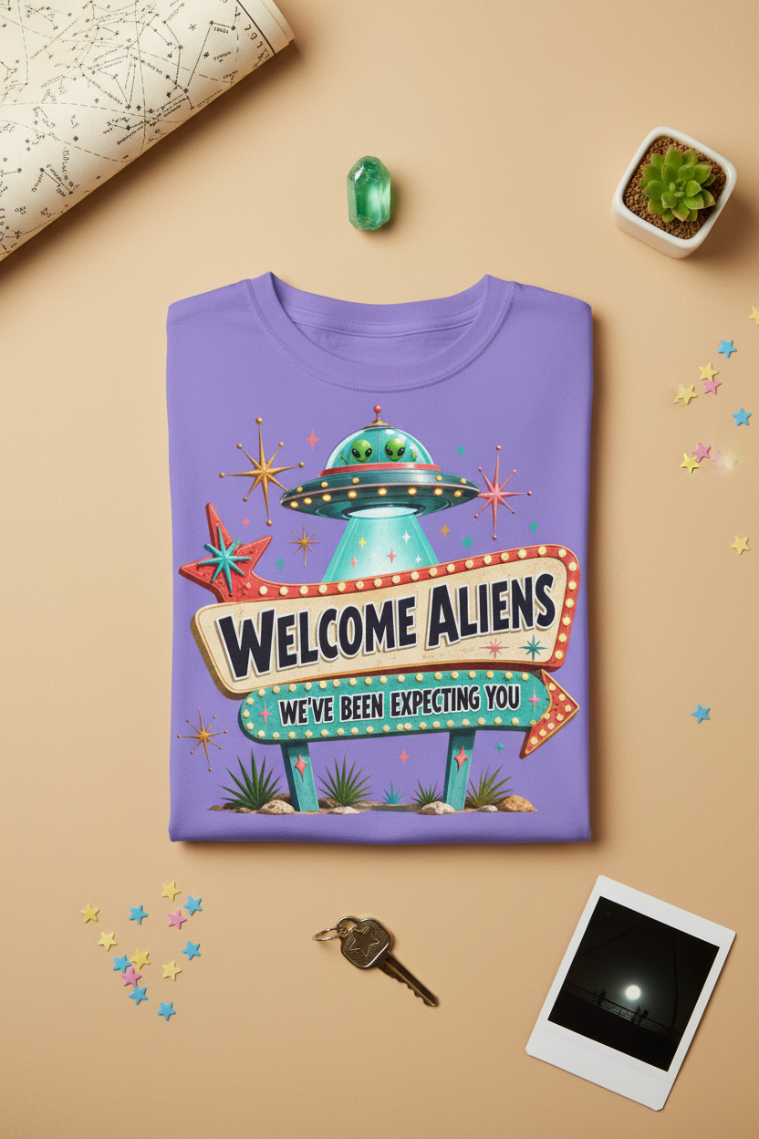 Welcome Aliens retro UFO Las Vegas sign Comfort Colors graphic tee, front view
