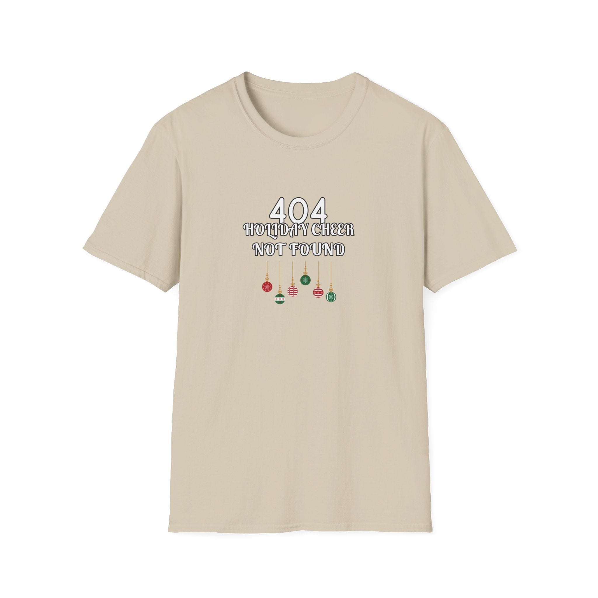 A beige crewneck t-shirt with a graphic on the chest that reads '404 HOLIDAY GIRL NOT FOUND' in white text above three small hanging ornaments in red, green, and black, displayed on a solid white background.