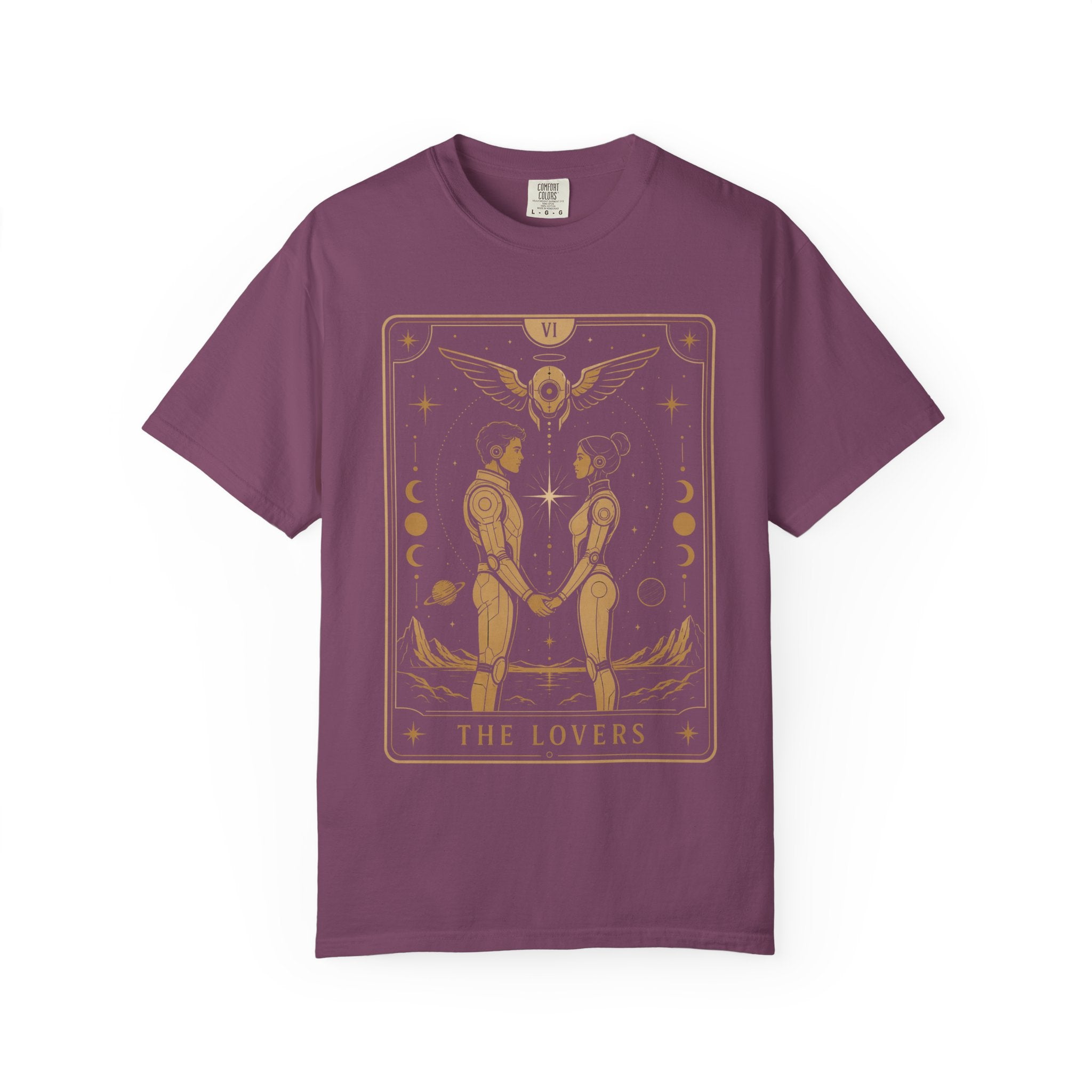 A purple Comfort Colors t-shirt featuring The Lovers from the Future Arcana collection, inspired by The Lovers tarot card. Two futuristic figures stand together beneath a radiant celestial sky, framed by elegant Art Deco details in gold line art on a transparent background.