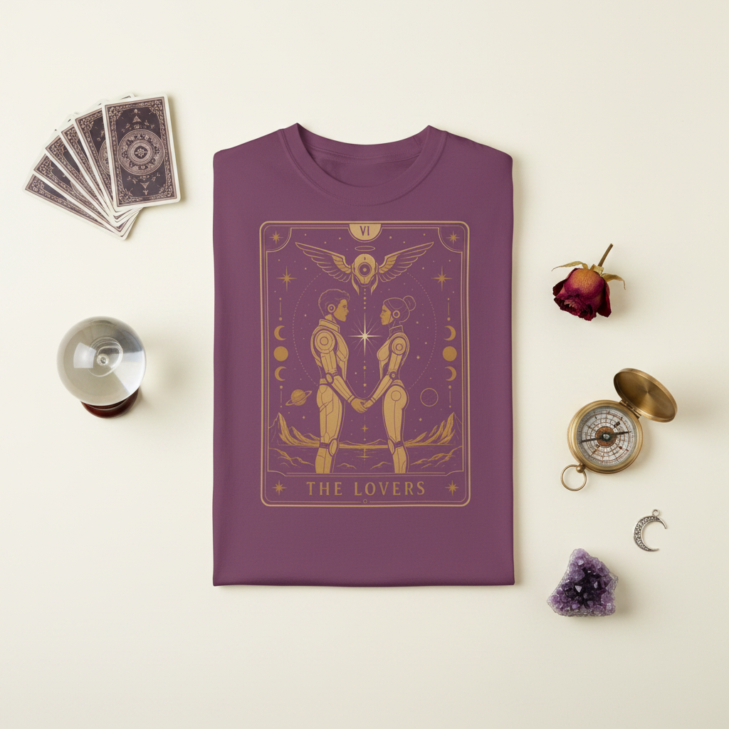 A purple Comfort Colors t-shirt featuring The Lovers from the Future Arcana collection, inspired by The Lovers tarot card. Two futuristic figures stand together beneath a radiant celestial sky, framed by elegant Art Deco details in gold line art on a transparent background.