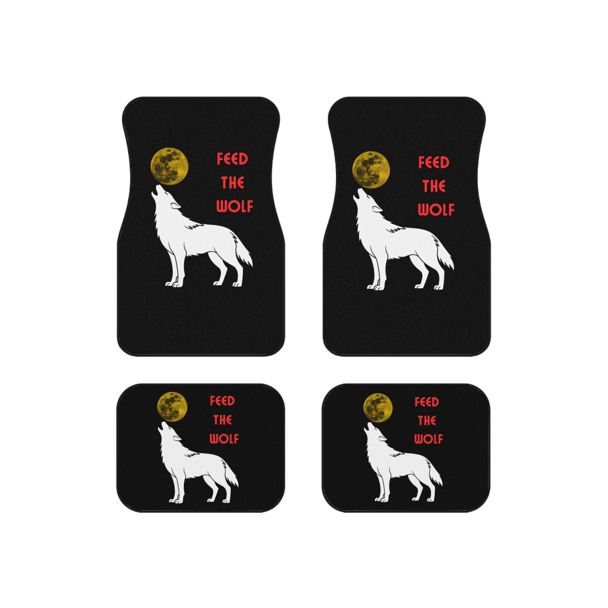 Howling White Wolf with Moon car mats | Feed the Wolf floor mats (set of 4) - Mutantur Labs LLC