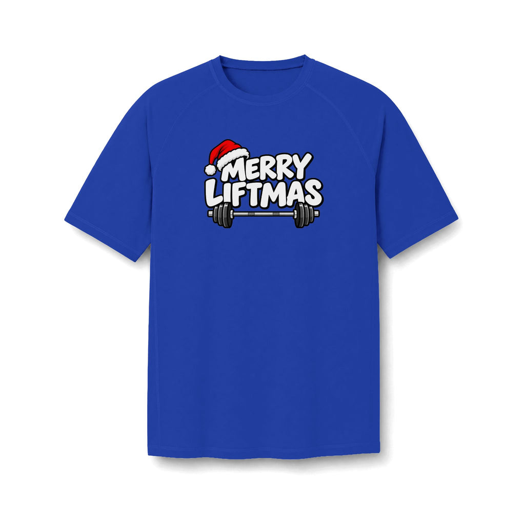 A royal blue short-sleeve t-shirt with a 'MERRY LIFTMAS' graphic on the chest, featuring a white font, a red Santa hat, and a barbell. The shirt is displayed against a clean white background.