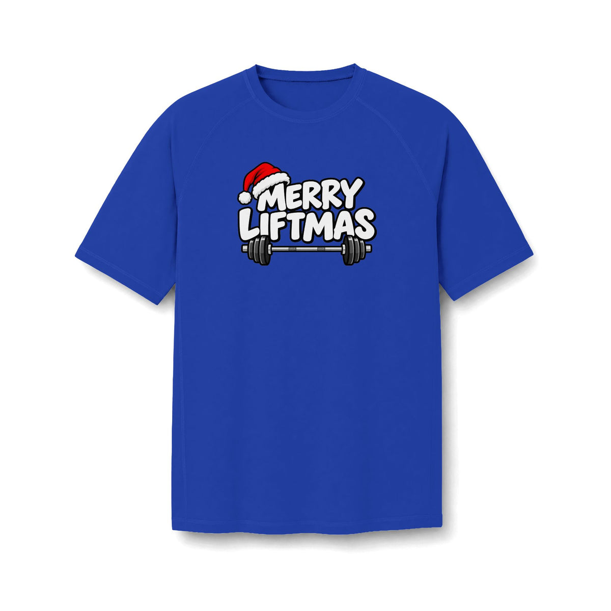 A royal blue short-sleeve t-shirt with a 'MERRY LIFTMAS' graphic on the chest, featuring a white font, a red Santa hat, and a barbell. The shirt is displayed against a clean white background.