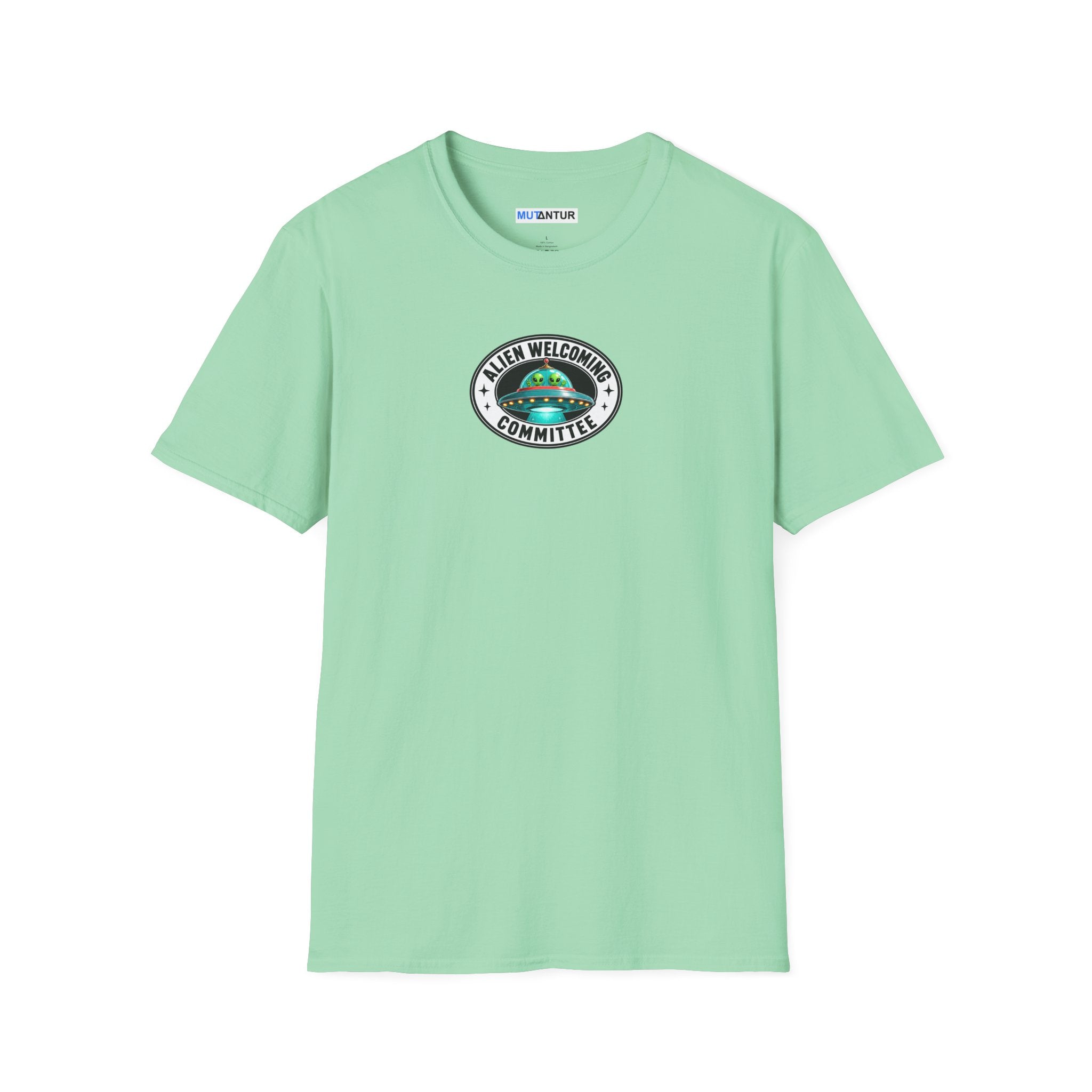 Mint green shirt with Colorful Welcome Aliens T-shirt design with a retro Las Vegas roadside sign, friendly UFO, and We’ve Been Expecting You message