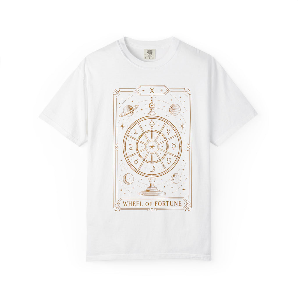 a white Comfort Colors t-shirt featuring Wheel of Fortune from the Future Arcana collection, inspired by the Wheel of Fortune tarot card. A celestial cosmic wheel surrounded by stars and planets is illustrated in elegant retro sci-fi gold line art within an Art Deco tarot frame on a transparent background