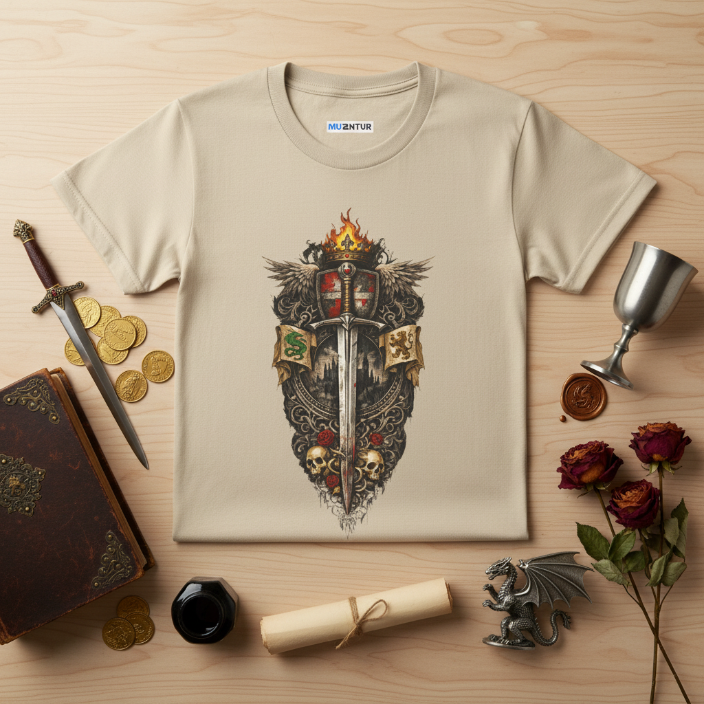 Medieval Sword and Shield fantasy knight crest tee, front view