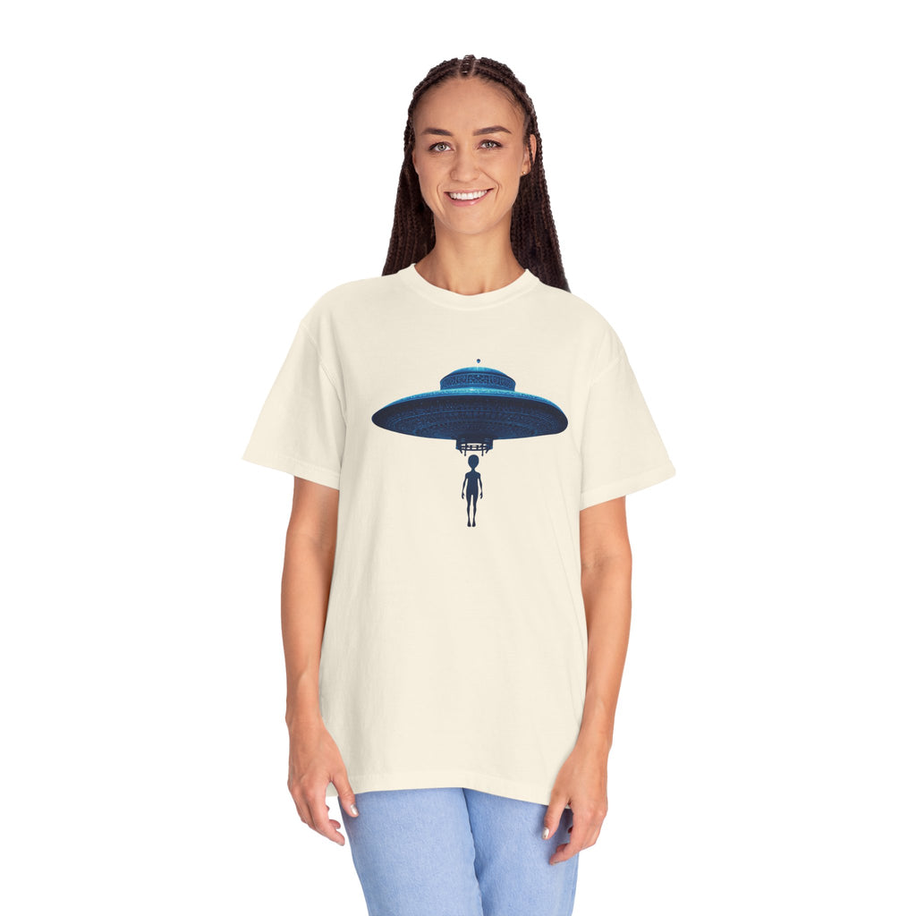 UFO Abduction T-shirt | Minimal Alien Spaceship blue chinoiserie Graphic - Mutantur Labs LLC