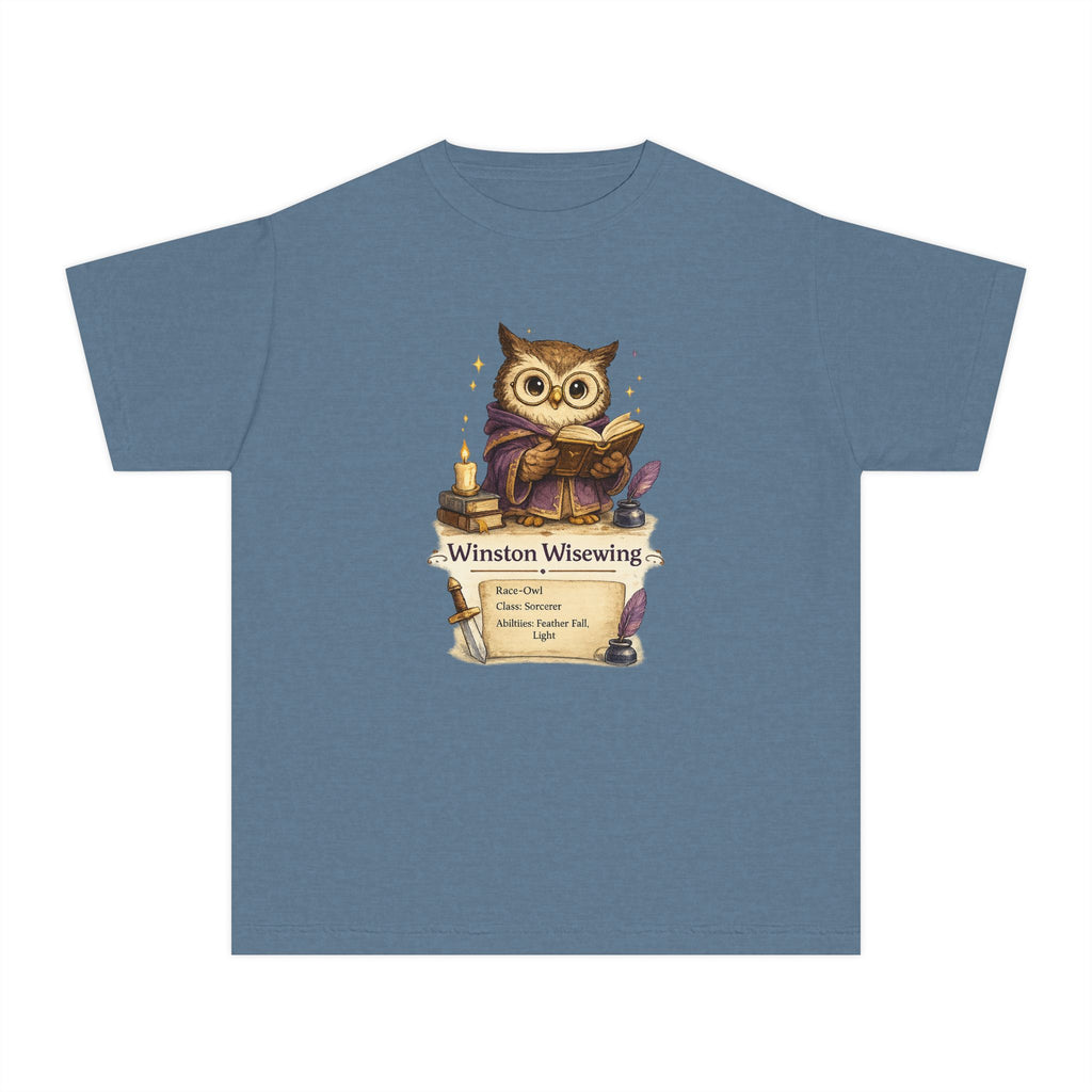 Blue t-shirt with an owl graphic and 'Winston Wisewing' text on a white background