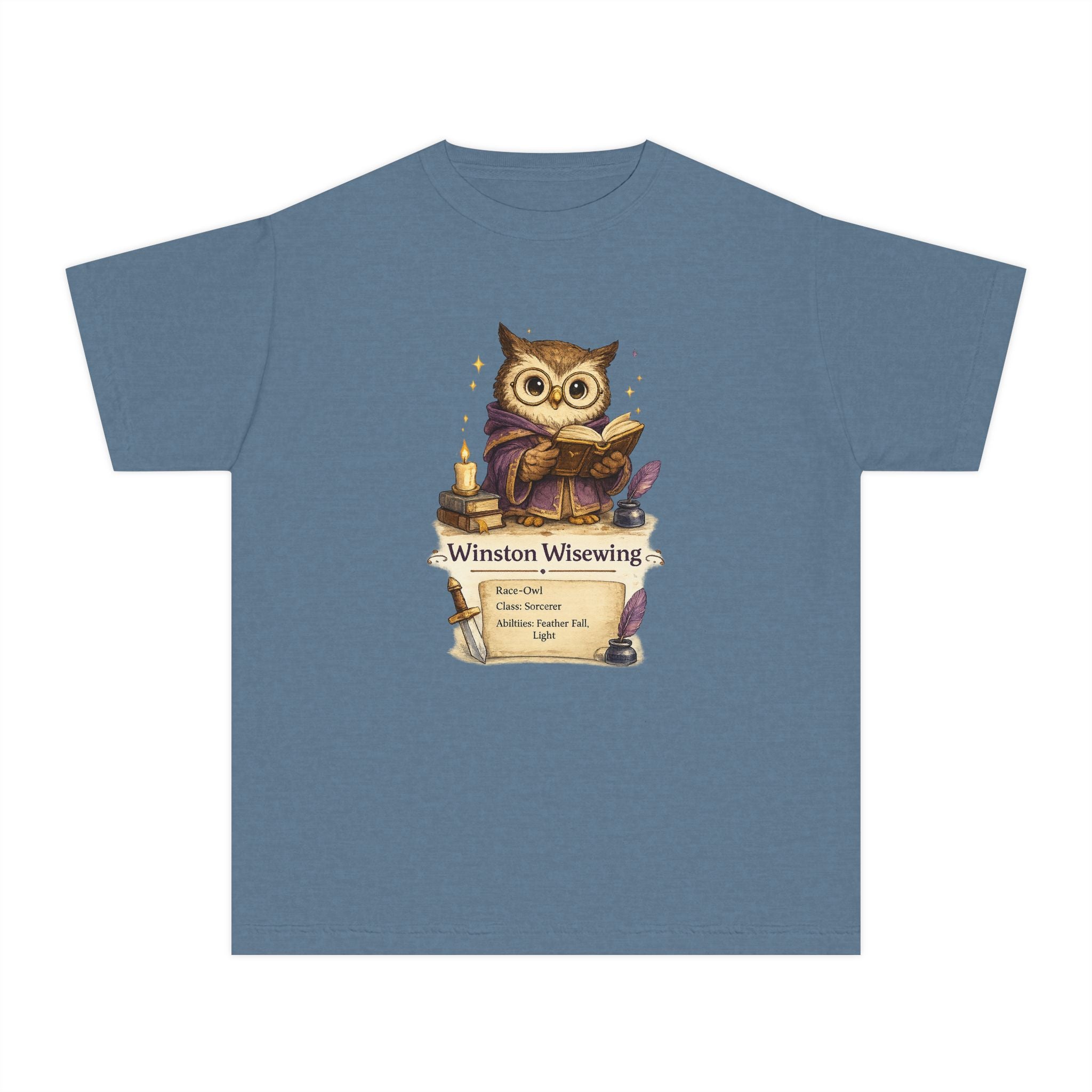 Blue t-shirt with an owl graphic and 'Winston Wisewing' text on a white background