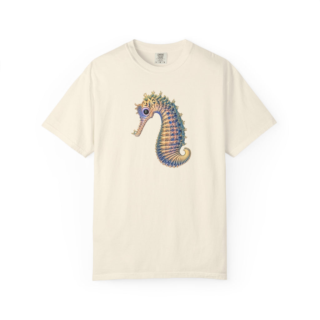 An off-white short-sleeve crewneck t-shirt featuring a colorful graphic of a seahorse on the center chest, displayed against a solid white background.