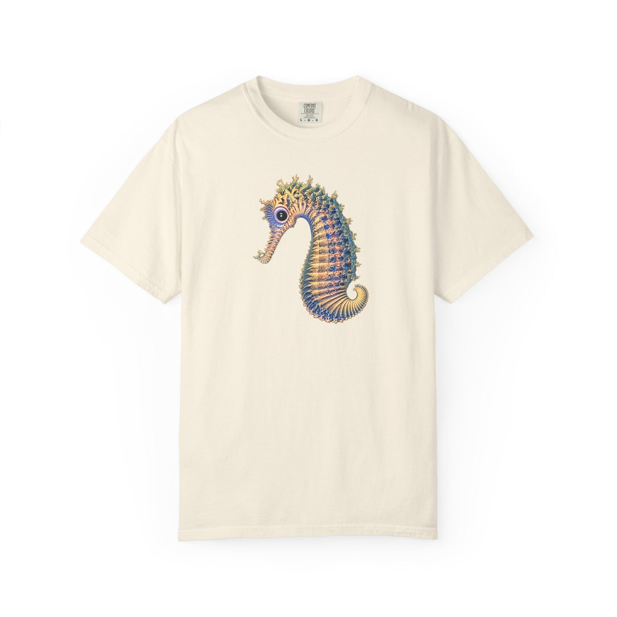 An off-white short-sleeve crewneck t-shirt featuring a colorful graphic of a seahorse on the center chest, displayed against a solid white background.